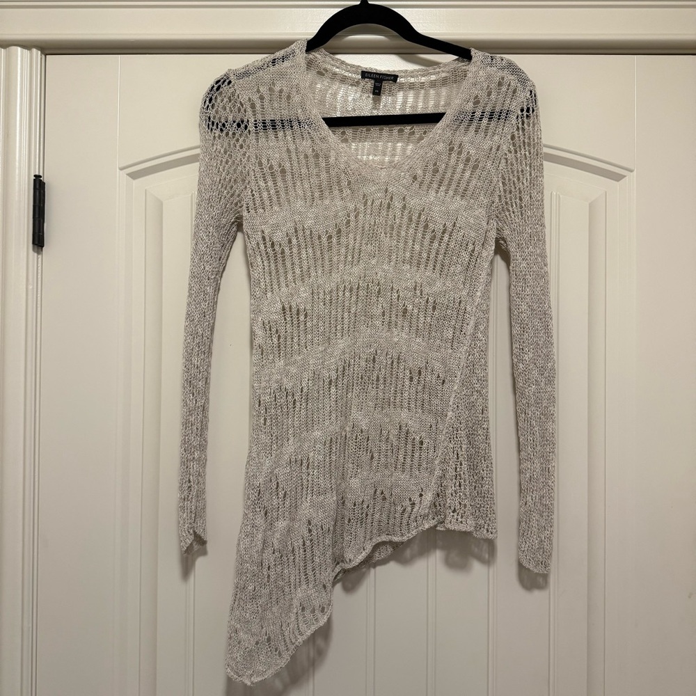 Eileen Fisher linen-cotton open knit asymmetric tunic, beige